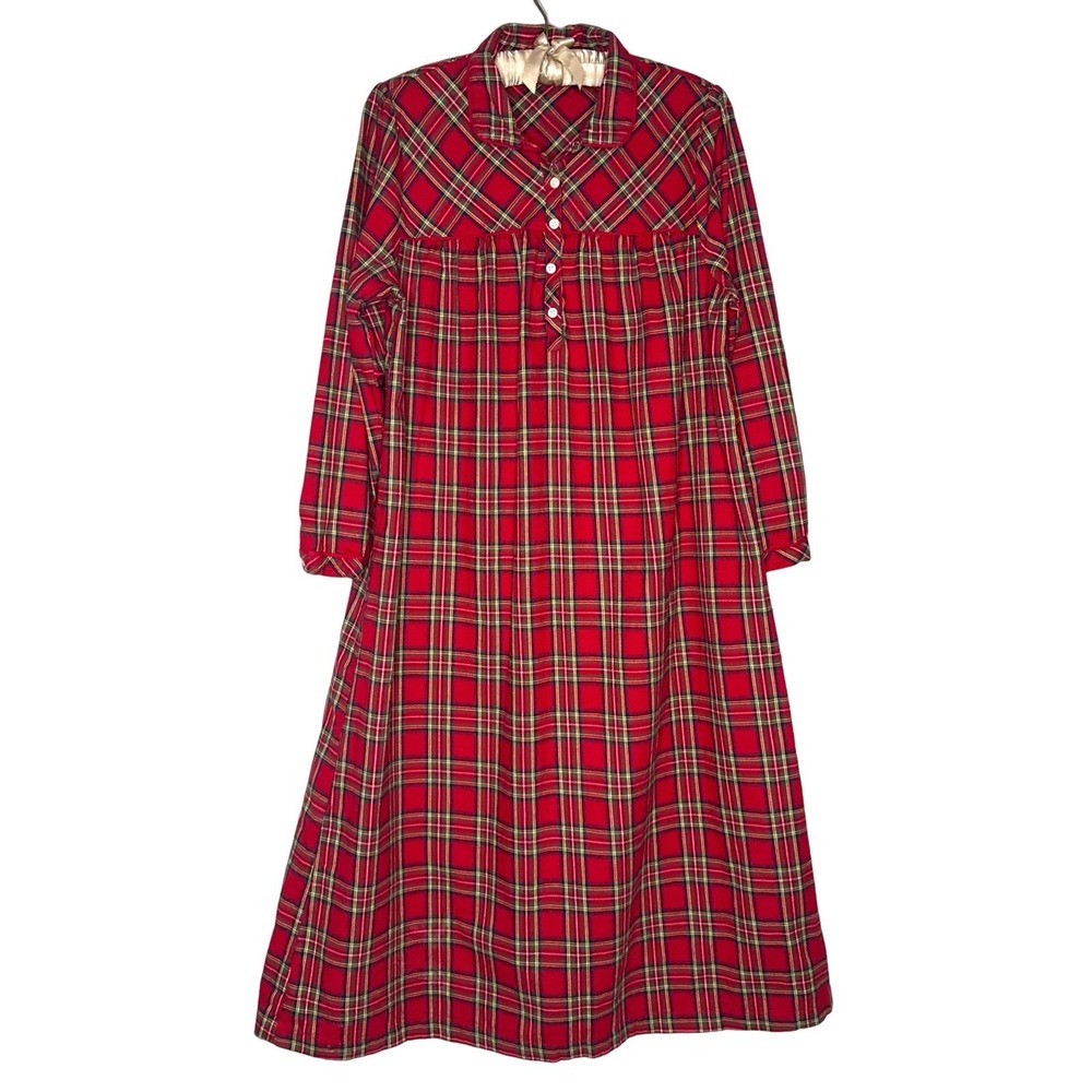Vintage LL Bean Nightgown Medium Petite Plaid Cotton Flannel Maxi‎ Traditional